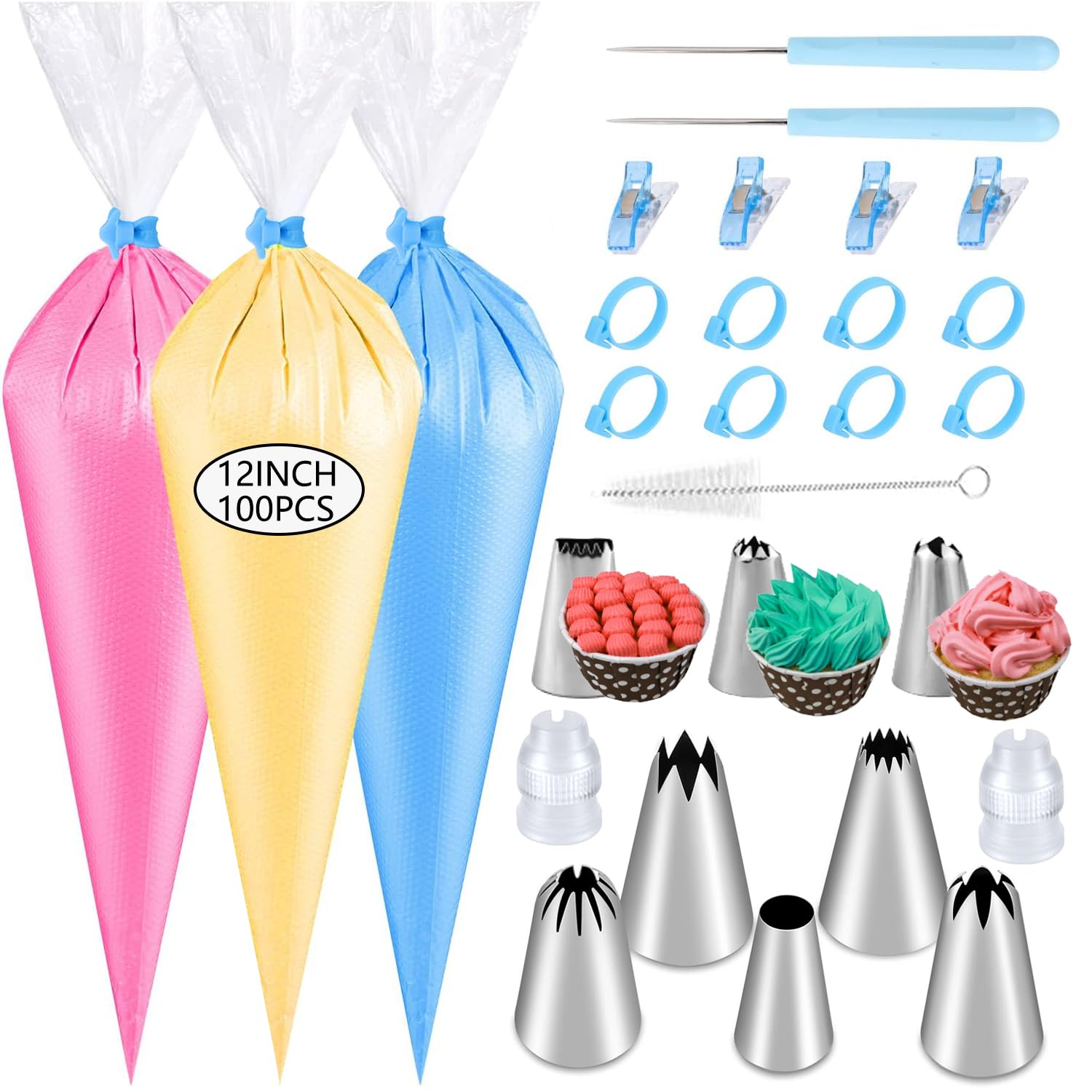 125PCS Piping Bags Tips Set, Thicken Pastry Bags Disposable 12 Inch 100PCS with 8 Icing Bag Ties and 8 Frosting Tips, 1 Brush 4 Bag Clips 2 Scriber Needle for Cake Cookie Cupcakes