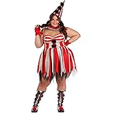 Womens Plus Size Sinister Circus Clown Costume with Dress, Collar, Hat, and Gloves for Creepy Halloween Carnival Party