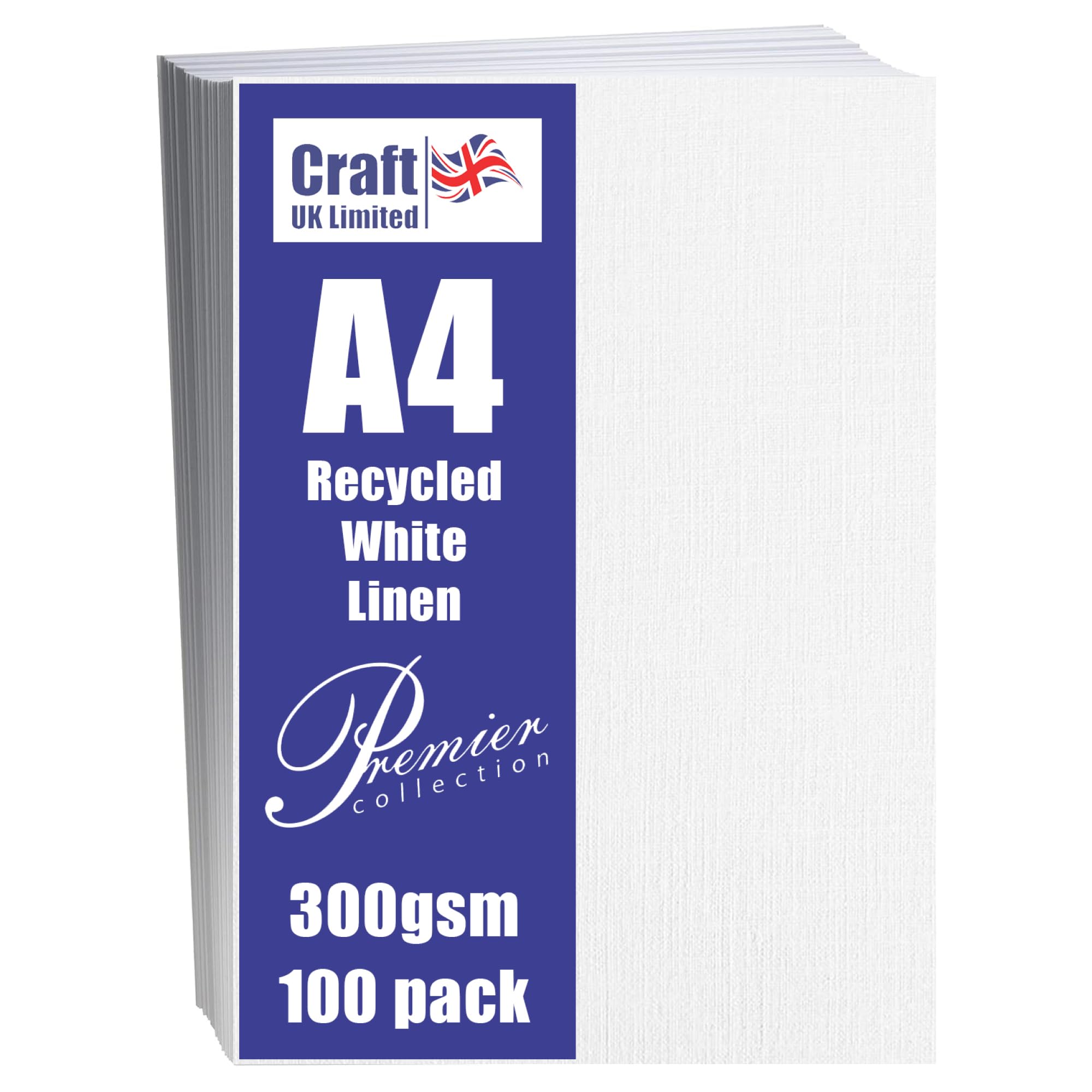 Craft UK W123 White Recycled Linen Card 300 gsm - 100 Sheets, A4