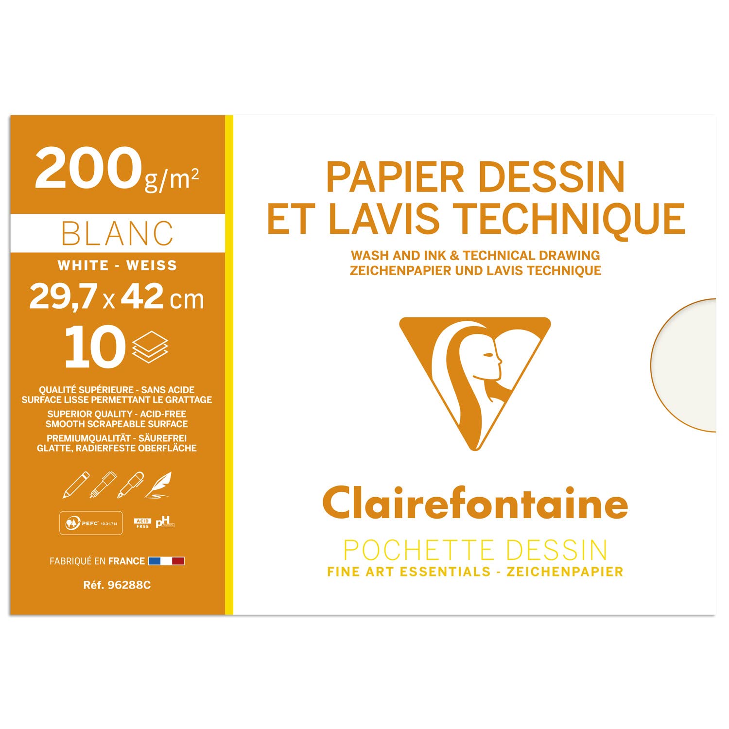 Clairefontaine - Ref 96288C - Technical Drawing Paper (Pack of 10 Sheets) - 29.7 x 42cm in Size, 200gsm Paper, Suitable for Light Washes, Envelope Packet