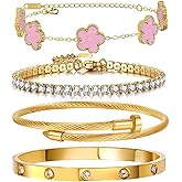 Arthur Liu Gold Bracelets for Women, 18K Gold Plated Women Tennis Bracelets Clover Nail Love Bangle Bracelet Set, Gold Bracelet Stackable Set Trendy Jewelry, Gifts for Women's Day and Mother's Day