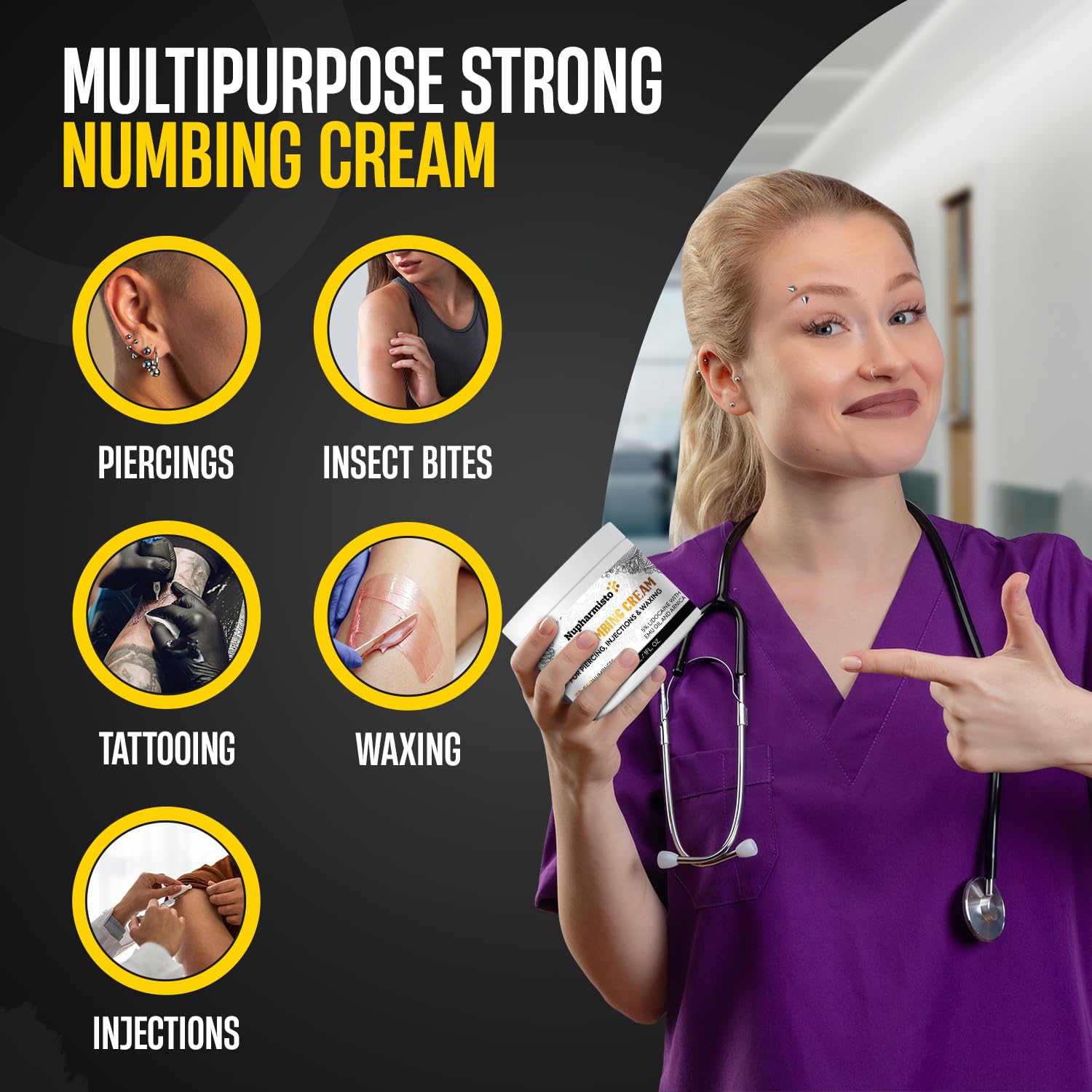 Deep Numbing Cream for Piercing, Injections& Tattoos, Fast Numbing for Waxing, 7 Hours Maximum Strength Numbing Cream for Injections, 8x Numbing with Emu Oil and Arnica. 30ml/1floz