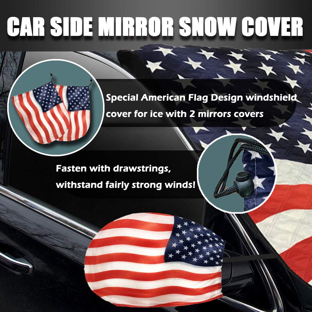Big Hippo Windshield Snow Cover, American Flag Windshield Cover and Mirror Covers for Storage Ice Protector Windproof Car Cover in All Weather, Fit for Cars, Trucks, SUV, Vans Vehicle