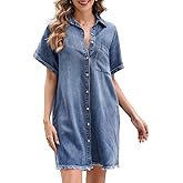 Hersuitful Summer Denim Dress for Women Short Sleeve Button Down Casual Western Jean Dresses