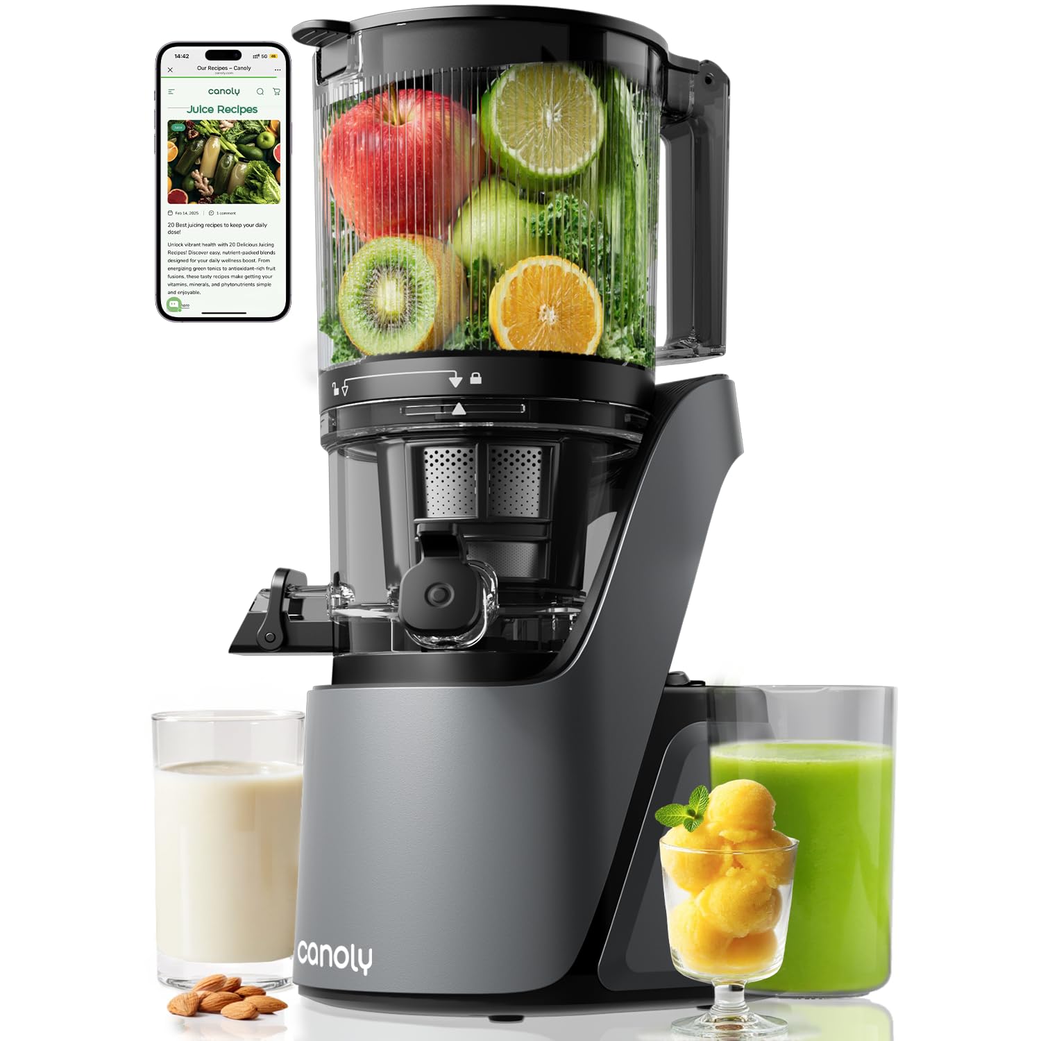 Photo 1 of Canoly C16 Cold Press Juicer, 6" Extra Wide Feed Chute, 3-IN-1 Strainers (Juice & Sorbet & Nut Milk), Powerful AC Brushless Motor, Self Precut System, Juicer Machines with BPA-Free (Space Gray)