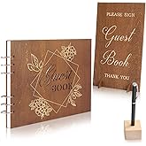 Creawoo Wooden Wedding Guest Book Reception Sign in Guestbook with Table Sign, Pen & Holder, Hardcover Memory Registry Photo