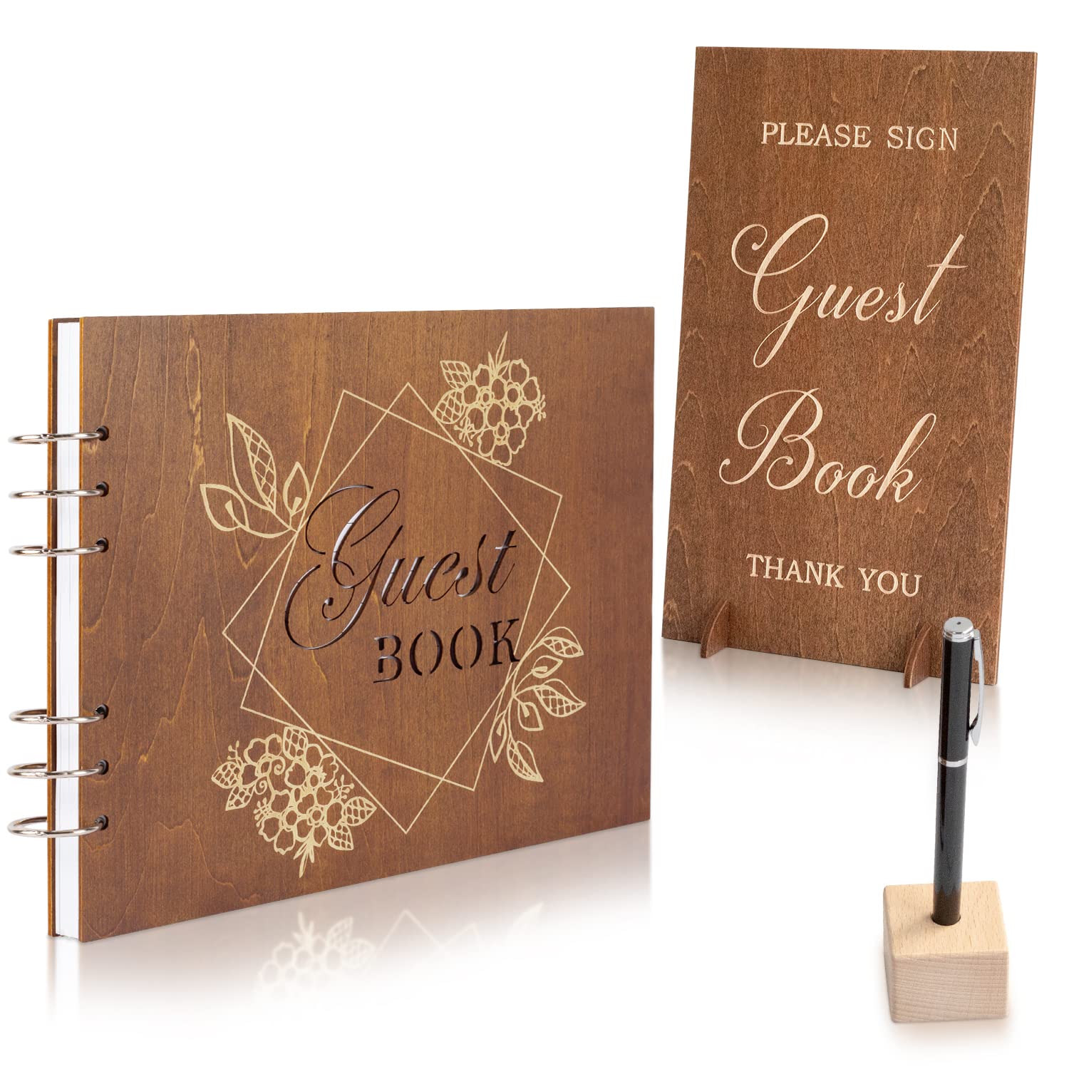 Photo 1 of Creawoo Wooden Wedding Guest Book Reception Sign in Guestbook with Table Sign, Pen & Holder, Hardcover Memory Registry Photo Album with 90 White Pages for Wedding, Baby Shower, Birthday-11 x 8.5"