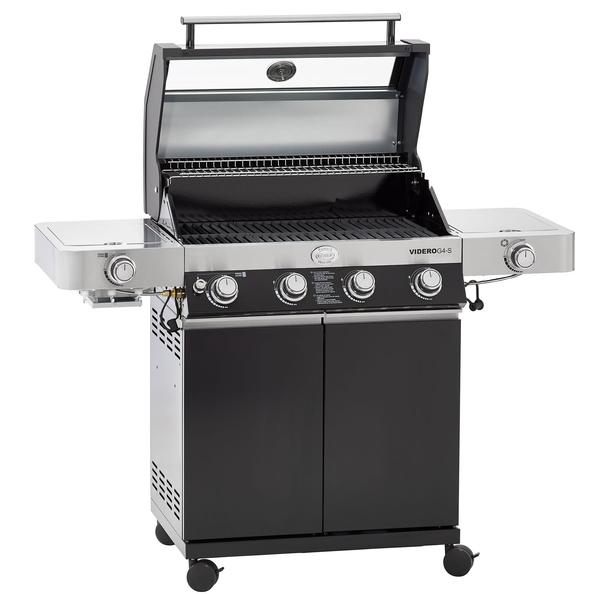 RÖSLE Gasgrill BBQ-Station VIDERO G4-S Schwarz, Grill mit 4 Edelstahlbrennern, extra Primezone und Seitenbrenner, klappbare Seitentische, VARIO+, pulverbeschichteter Stahl
