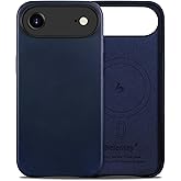 Belemay Handcrafted Full-Grain Vegetable-Tanned Leather Case for iPhone 17 Air, Compatible with MagSafe, Classy Two-Tone Effect, Natural Patina, Camera Control Button, Metal Buttons (6.5"), Navy Blue