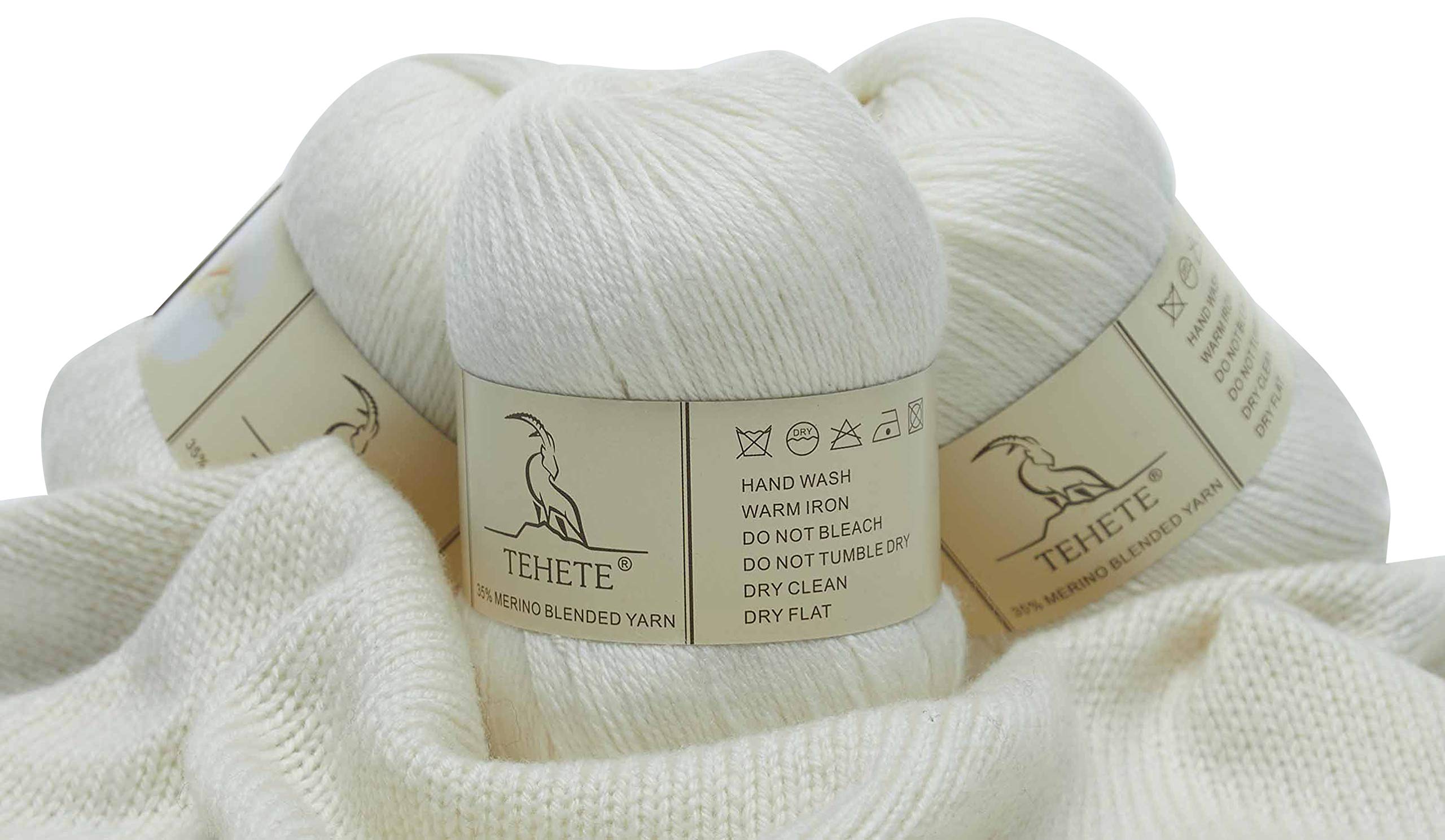 TEHETE Merino Wool Yarn for Knitting and Crochet Yarn 3ply 50g × 3 Balls Soft and Warm - White