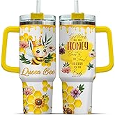 99WHALE Bee Gifts, Cute Queen Bee, Tumbler 40 Oz With Handle Lid And Straw, Yellow Keep Drinks Cold Hot, Yellow Handle Floral For Tumblers Cups Coffee Sunflower Flower Women
