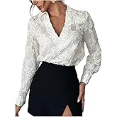 WDIRARA Women's Collared V Neck Long Sleeve Blouse Work Office Tops Shirts
