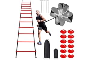 RAINMAE Pro Speed & Agility Training Set—Includes 12 Rung 20ft Adjustable Agility Ladder with Carrying Bag, 12 Disc Cones, 4 Steel Stakes, 1 Resistance Parachute, Use Equipment to Improve Footwork Any Sport