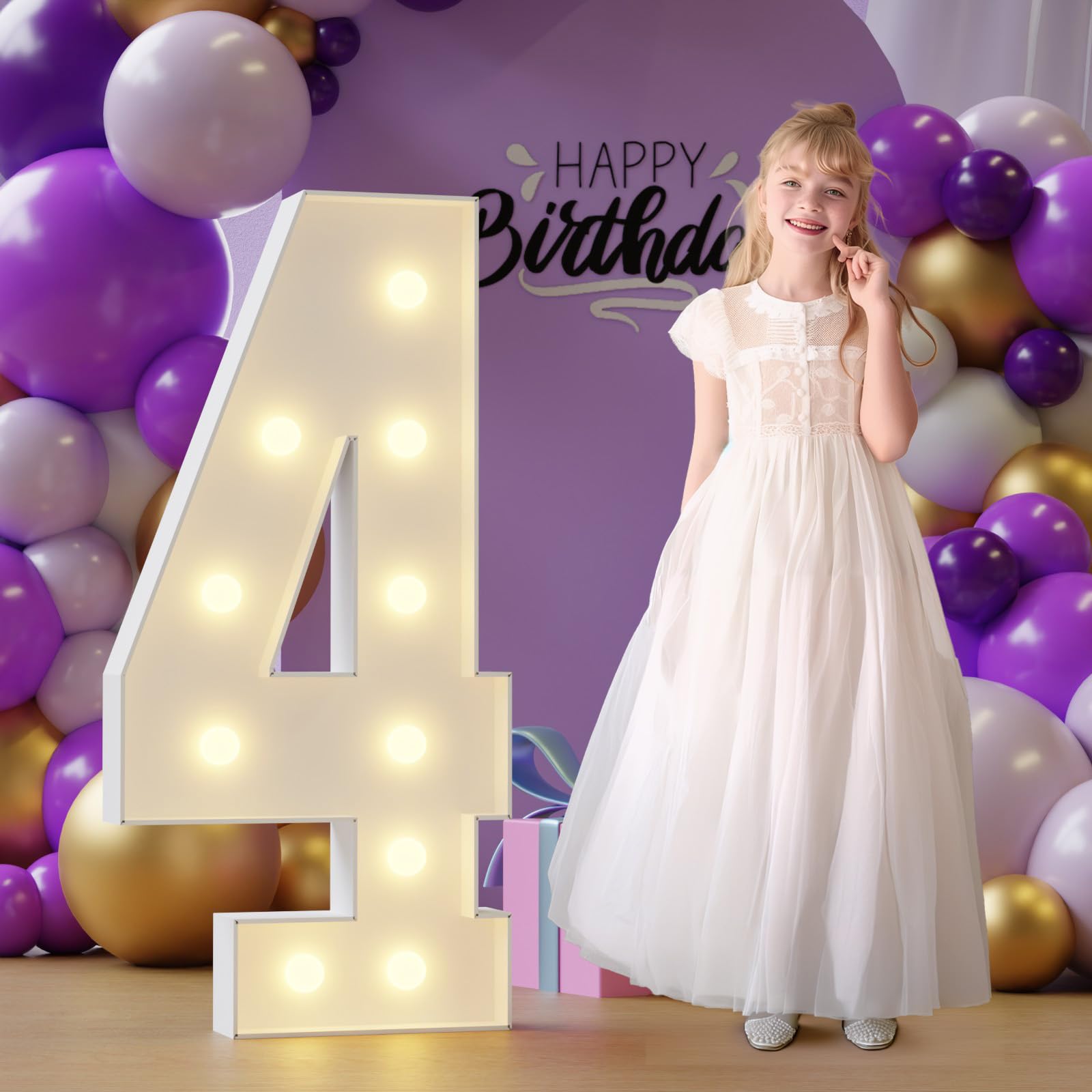 Photo 1 of 4FT Marquee Numbers 4 Light Up Number, 4th-Birthday Decorations Marquee Numbers 4 Feet Tall White Large Lighted Sign Anniversary Party Balloon Big Cardboard Decor for Boy Girl 14th 40th Birthday