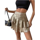 MakeMeChic Women's Metallic Ruffle Tiered Mini Skirt High Waisted A Line Y2K Party Short Skirts