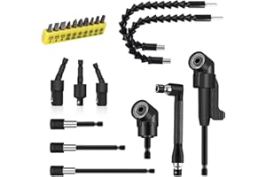DUALSHINE 21 Pcs Right Angle Drill Attachment Set Includes 2Pcs Flexible Drill Bit Extension 3Pcs 360° Rotatable 1/4 3/8 1/2" Impact Grade Socket Adapter 3Pcs Drill Bit Holder 10 Short Screwdriver Bits