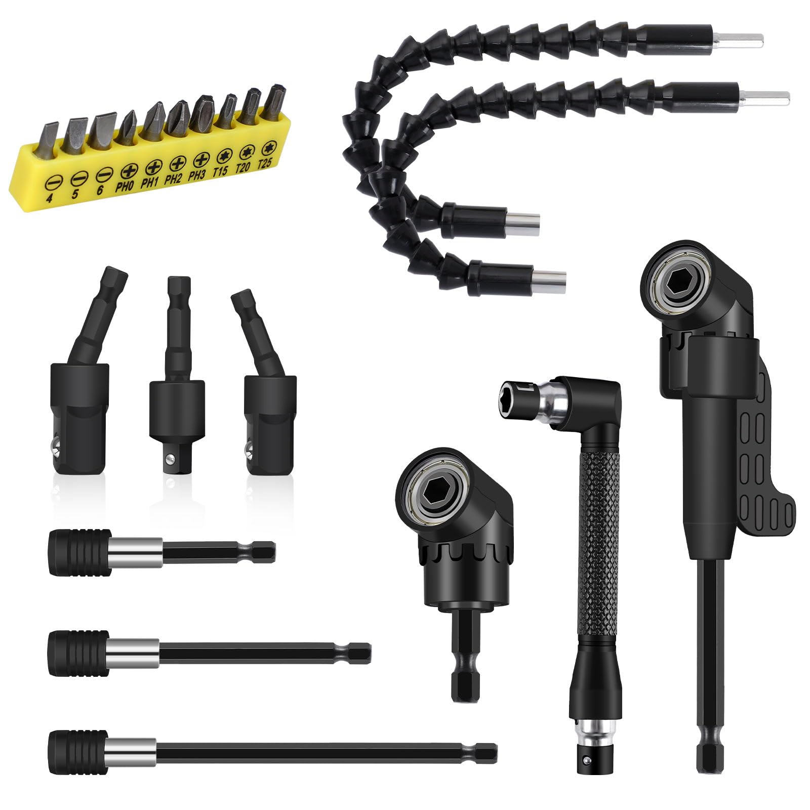 View 1 of 21 Pcs Right Angle Drill Attachment Set Includes 2Pcs Flexible Drill Bit Extension 3Pcs 360° Rotatable 1/4 3/8 1/2" Impact Grade Socket Adapter 3Pcs Drill Bit Holder 10 Short Screwdriver Bits
