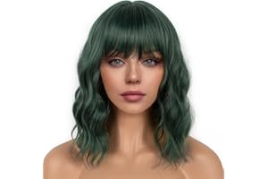 LANCAINI Dark Green Short Bob Wigs with Bangs for Women Loose Wavy Wig Curly Wavy Shoulder Length Bob Synthetic Cosplay Wig for Girl Colorful Costume Wigs