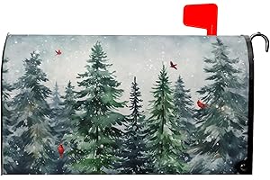 GRANBEY Winter Watercolor Tree Magnetic Mailbox Cover Large Size 25.5x21 Inch Christmas Dark Green Pine Trees Mail Box Post Cover Rustic Forest Red Bird Letter Box Wraps for Home Outdoor Garden Yard Decor