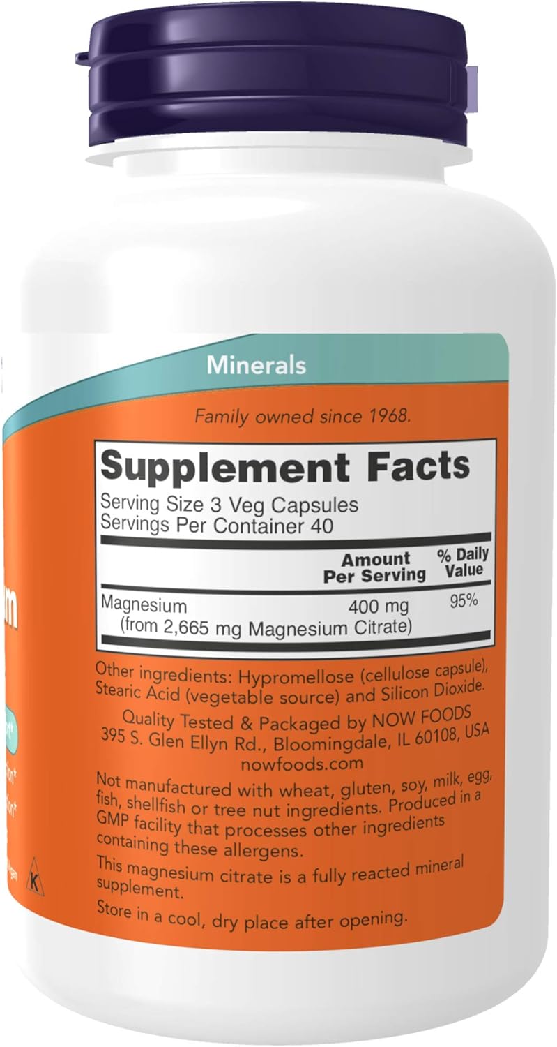 NOW Supplements, Magnesium Citrate, Enzyme Function, Nervous System Support, 120 Veg Capsules: Health & Personal Care