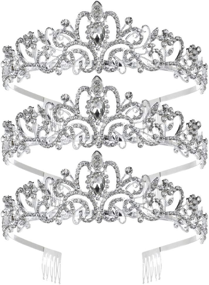 limewie 3 Packs Crystal Tiara Crown with Comb, Elegant Crown Headband for Women/Girls/Brides/Birthday/Party/Wedding, Sliver