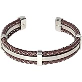 Metro Jewelry Stainless Steel and Brown Dual Strand Braided Genuine Leather Open Bangle Bracelet for Men 14 MM Width 8.5 Inches Long