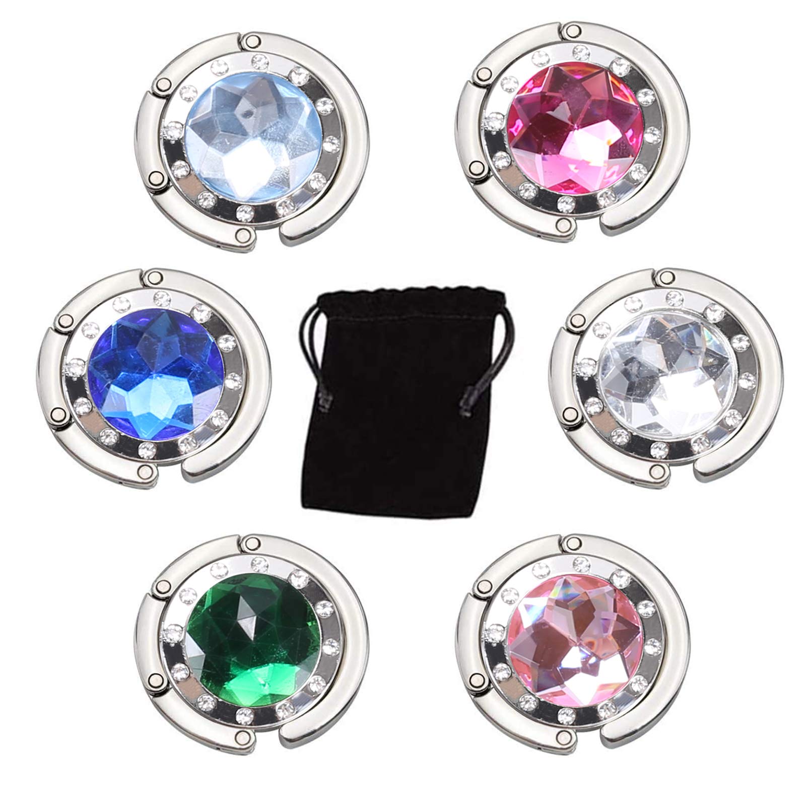 ManLee 6Pcs Folding Purse Hook Handbag Hooks for Tables Crystal Diamond Handbag Hanger Hooks Portable Table Bag Holders for Women Girls Mother's Day Gifts with Storage Bags 6 Colors