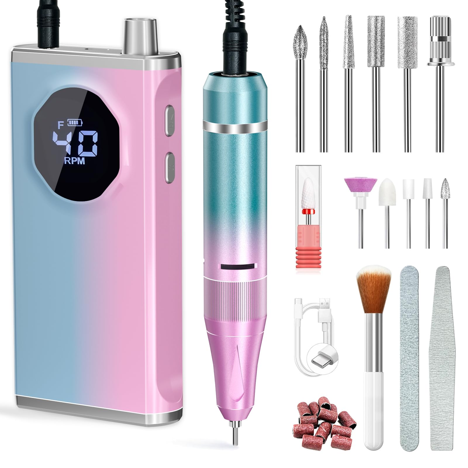 Electric Nail Files, Professional Nail Drill Machine, 40000RPM Adjustable Speed for Acrylic and Gel Nails, Nail Drill Rechargeable High Capacity for Salon and Home Use