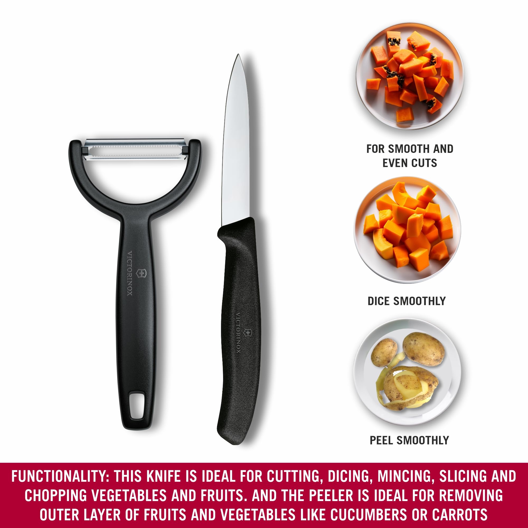 Victorinox Swiss Classic Gemüsemesser und Sparschäler, 2-teilig, Extra Scharfe Klinge, für Obst und Gemüse, Rostfreier Stahl, Schwarz 3