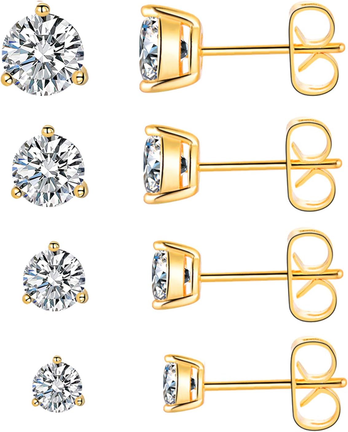 Pack of Colorful Round Cubic Zirconia Stud Earrings Surgical Stainless Steel 18K Gold Plated Hypoallergenic for Sensitive Ears