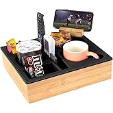 Couch Cup Holder Tray, Hitseon Silicone Bamboo Couch Caddy with Rotatable Phone Holder for Bed Car Seat Organizer, Waterproof Anti-Spill Couch Drink Holder for Snacks Beverage Remote (Black)