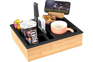 Couch Cup Holder Tray, Hitseon Silicone Bamboo Couch Caddy with Rotatable Phone Holder for Bed Car Seat Organizer, Waterproof Anti-Spill Couch Drink Holder for Snacks Beverage Remote (Black)