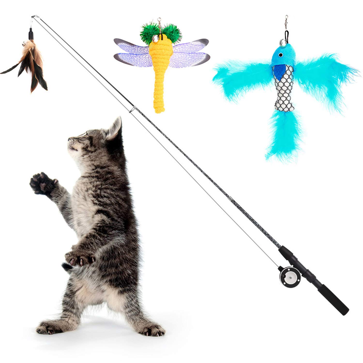 猫じゃらし Pawaboo じゃれ猫 フェザーワンド スピニングリール付き 伸縮 釣竿型おもちゃ 手動式プーリー 猫じゃらし 釣りロッド 猫おもちゃ ネコあそび ベル付き 人造羽 替えおもちゃ三つ付き 運動不足 猫のストレス解消 ブラウン＋青魚＋黄トンボ の商品画像