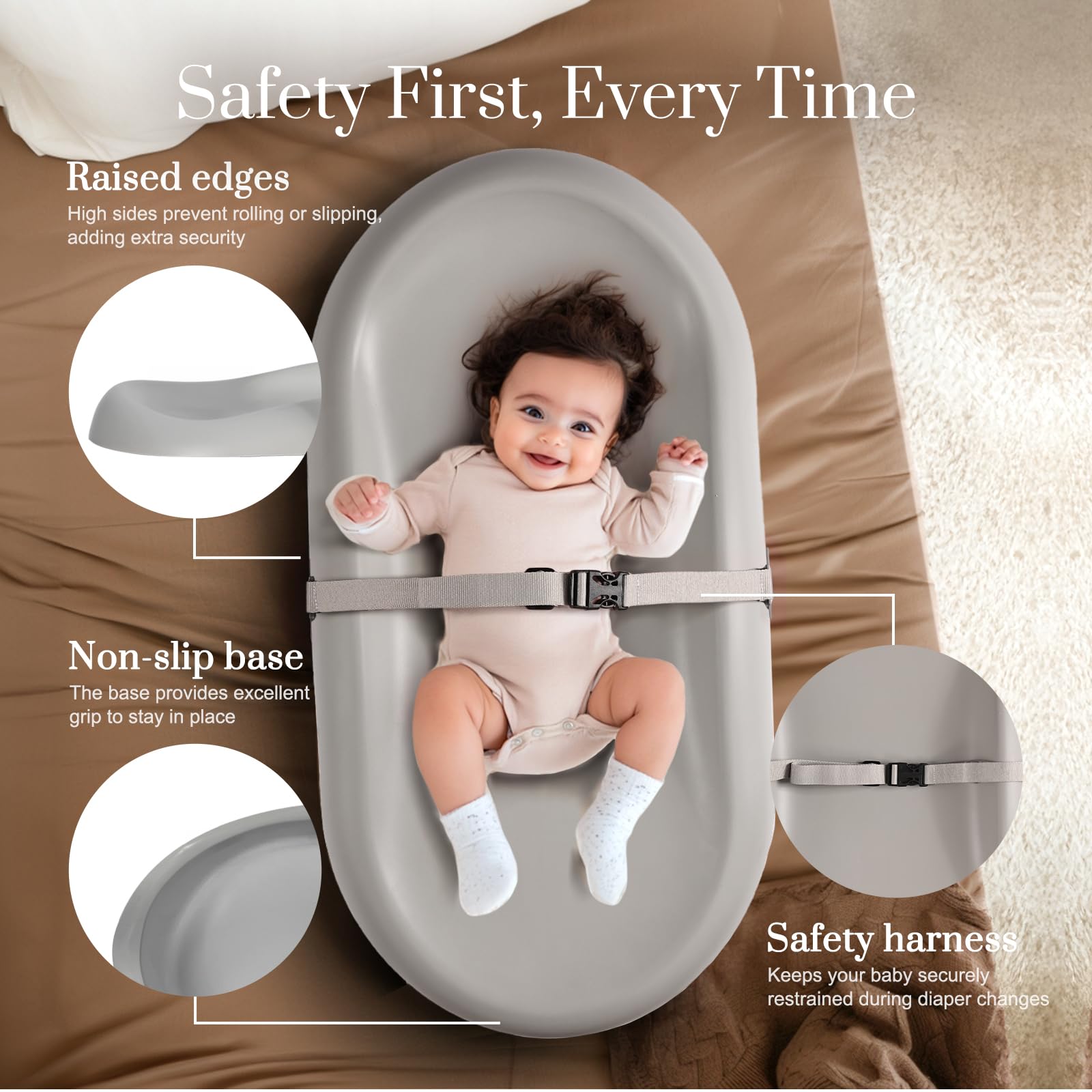 Wipe-Clean Changing Pad, Waterproof & Wipeable, Soft & Non-Slip Diaper Adjustable Safety Belt, Changing Pad for Dresser, Changing Table