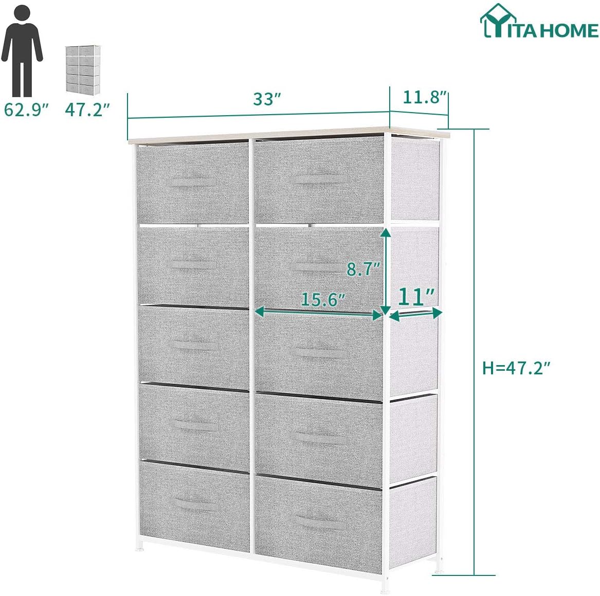 YITAHOME 10 Drawer Dresser - Fabric Storage Tower, Organizer Unit for Bedroom, Living Room, Hallway, Closets & Nursery - Sturdy Steel Frame, Wooden Top & Easy Pull Fabric Bins (Cool Gray) : Home Improvement