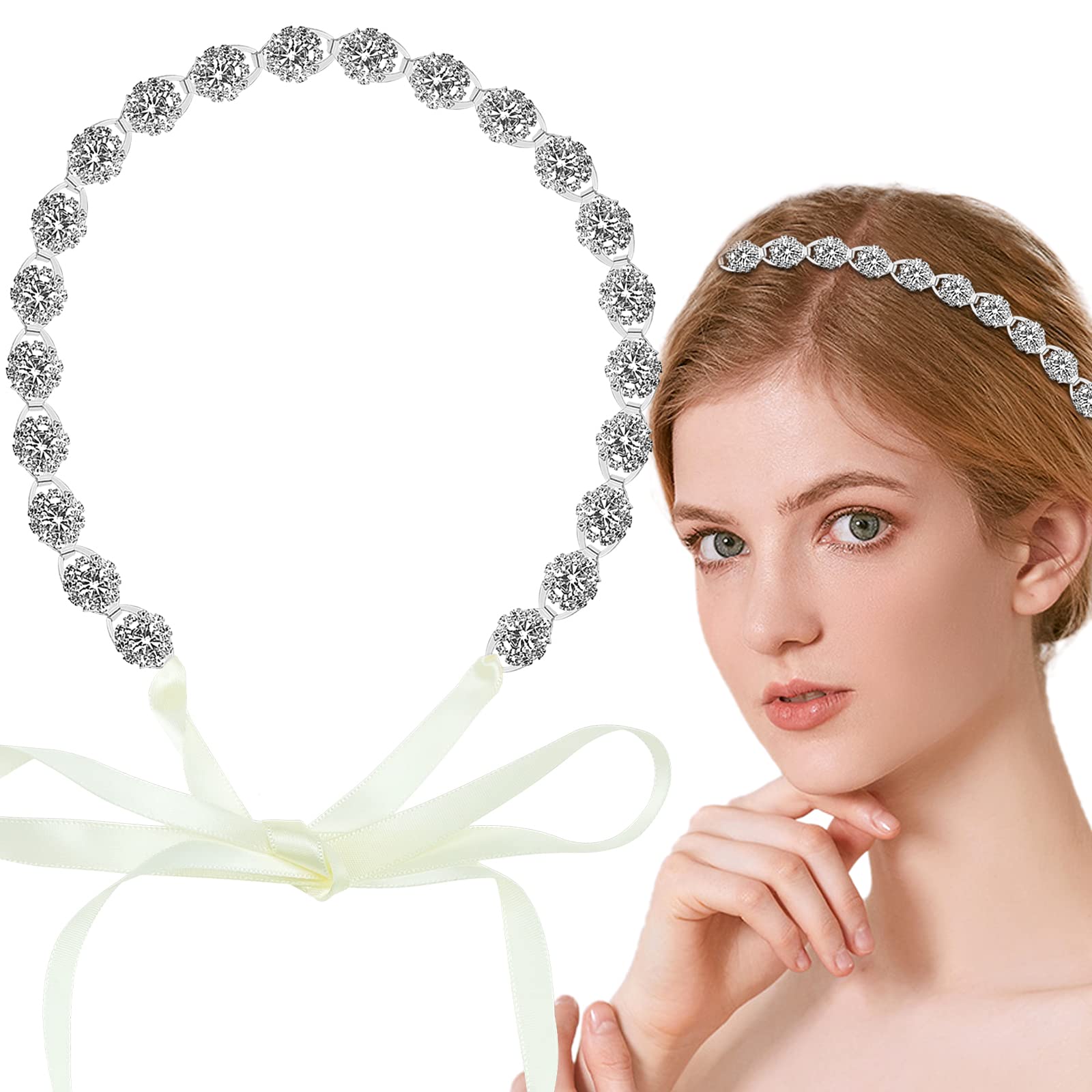 Crystal Wedding Headband Alloy Diamond Bridal Headband Chain Bridal Headpiece Flower Rhinestone Wedding Hair Jewelry Accessories for Women (Silver)