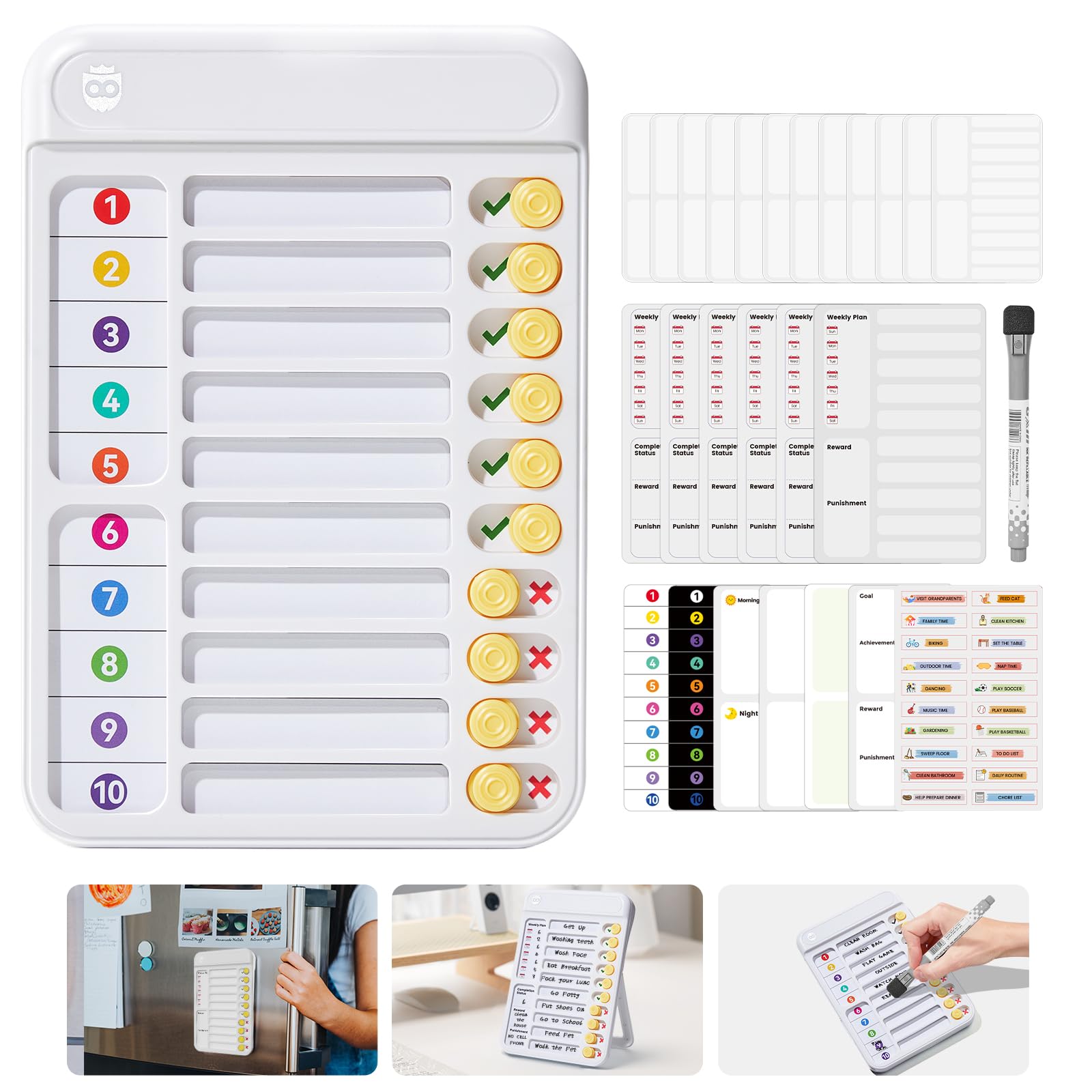 Photo 1 of Magnetic Chore Chart for Kids, ADHD Tools for Kids to Do List Checklist Task Board Routine Chart Planning Board for Fridge with 10 Sliders and Magnetic Marker - White