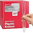 GUSTO [300 Pack] Heavyweight Clear Knives with Engraved Design - Disposable Sturdy Cutlery Set for Parties, Weddings, and Eve