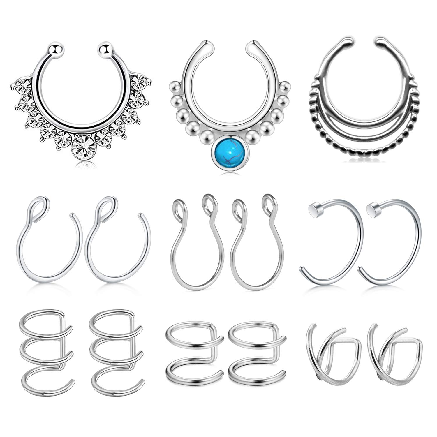 AceFun 15PCS Stainless Steel Nose Cuff Ear Cuff Ear Clips Non Piercing Cartilage Earrings Fake Nose Lip Suptum Ring Set for Men Women, 9 Various Styles Faux Body Piercing Jewelry