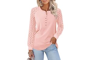 Minetom Women's Lace Long Sleeve Tops Henley Shirts Casual Blouses T Shirts Fall Clothes