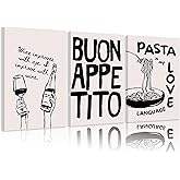 3Pcs Vintage Kitchen Canvas Wall Art Funny Food Wine Pasta Print Painting Picture Wall Decor Bar Cart Print Poster Print Artwork for Bar Livingroom Kitchen Home Decoration, Framed