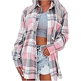WDIRARA Women's Plaid Button Down Shirts Long Sleeve Collared Casual Blouse Tops