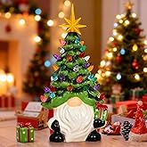 Christmas Gnomes Lighted Tree Mini Xmas Home Ceramic Decor Tabletop Tree, Small Prelit Holiday Office Multicolored Fireplace Lights 8 Inch Faceless Room Old Man Hand Painted Indoor Decorations