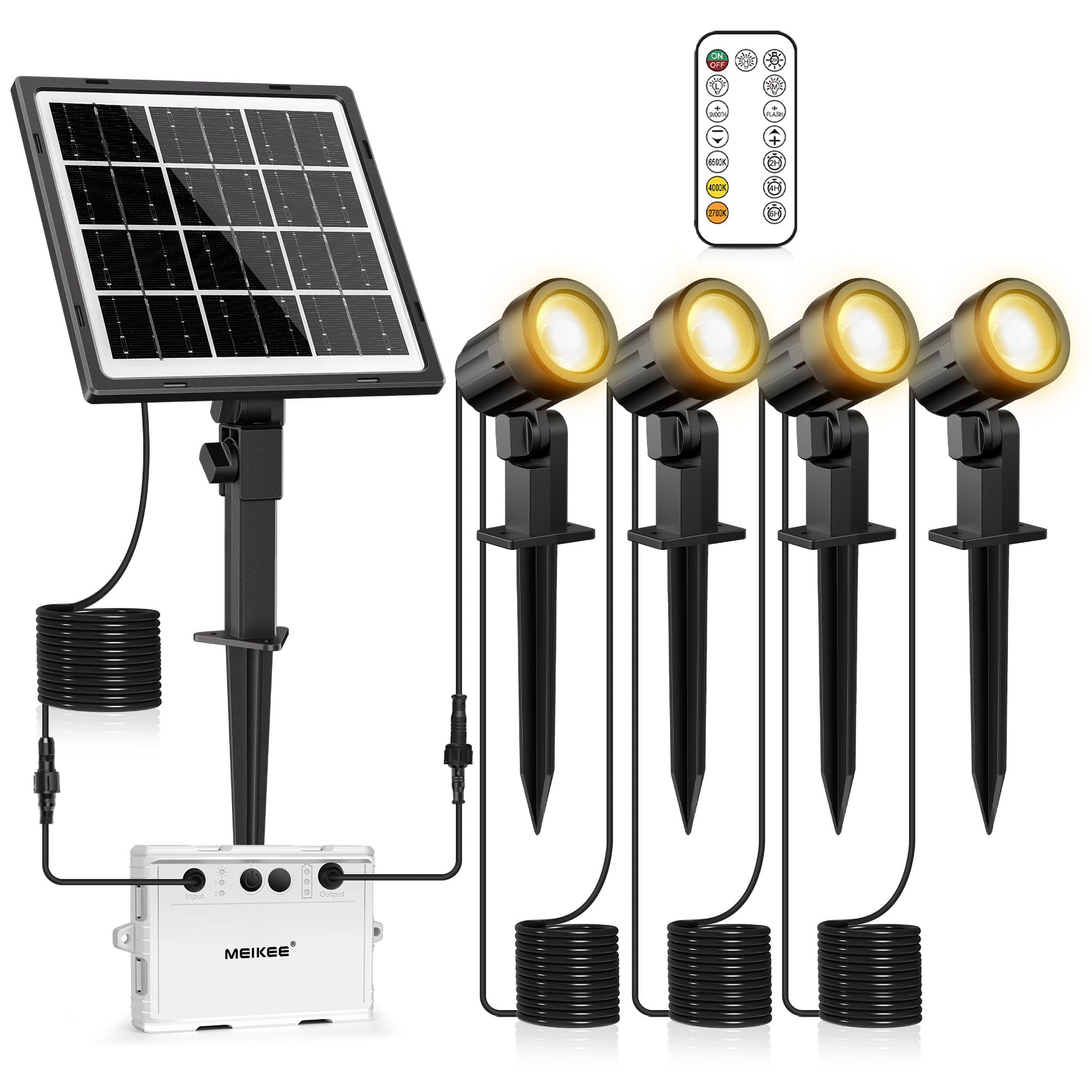 MEIKEE 4 in 1 Solar Spot Lights Outdoor Garden – 3 Colors LED Landscape Lighting with Remote, IP66 Waterproof Dusk to Dawn Dimmable Solar Spike Lights, Smooth & Flash Modes for Lawn Path Yard Fence