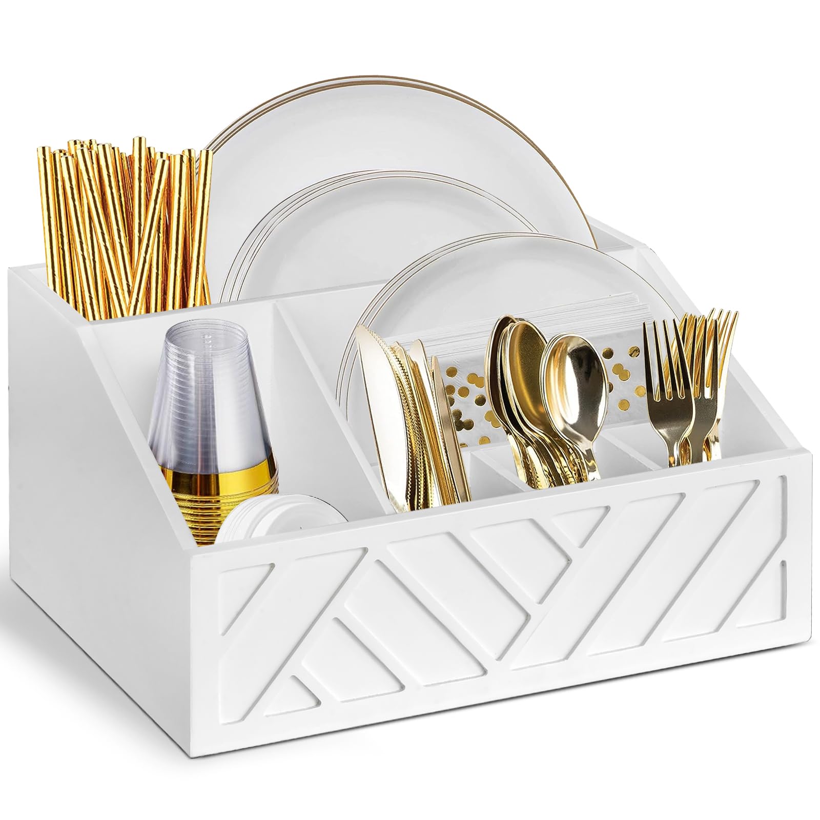 Photo 1 of Paper Plate Dispenser, Paper Plate Holder for Kitchen Counter, Wood Rustic Silverware Utensil Caddy, Cutlery Flatware Organizer Box for Cups Spoons Forks Plates Napkins, Kitchen Accessories (White)