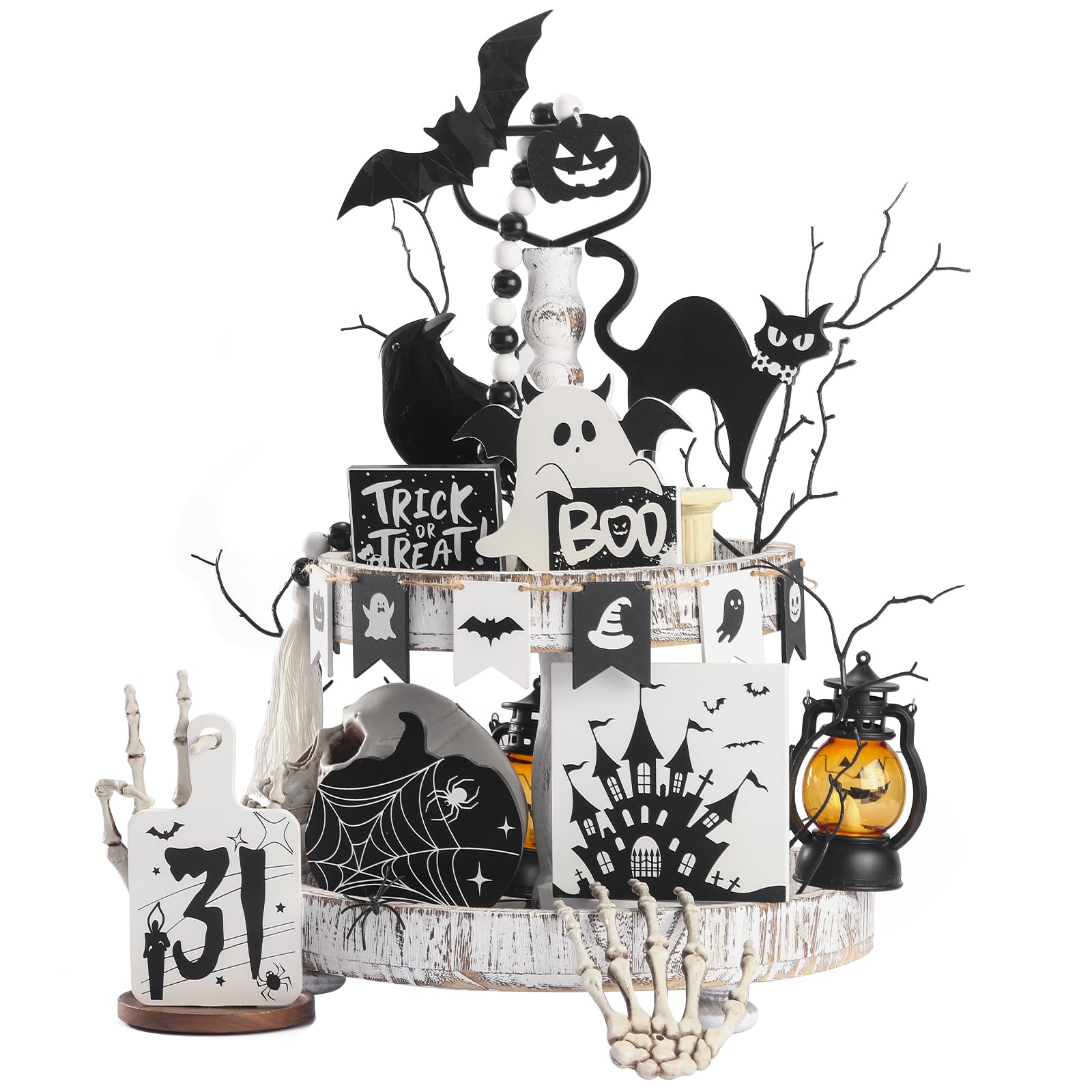 Photo 1 of 15pcs Halloween Tiered Tray Decor Set - Ghost Castle Wooden Signs, Boo Black Cat Trick or Treat Blocks, Table Sign - Indoor Home Table Decor (Ghost Style)