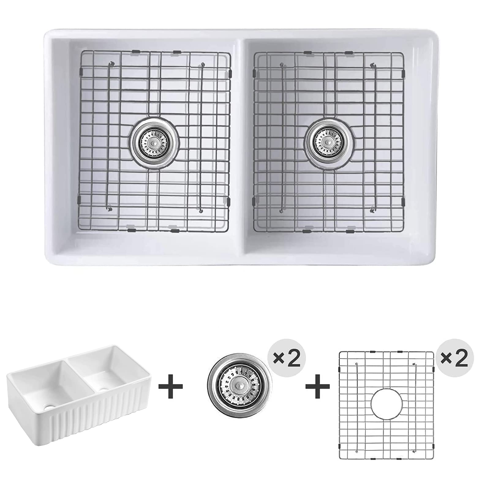 33 inch Fireclay Farmhouse Sink, HausinLuck Double Bowl 50/50 Apron Front Farm Kitchen Sink, Reversible White Farmhouse Ceramic Porcelain Kitchen Sink with 2 Stainless Steel Grids and 2 Drains