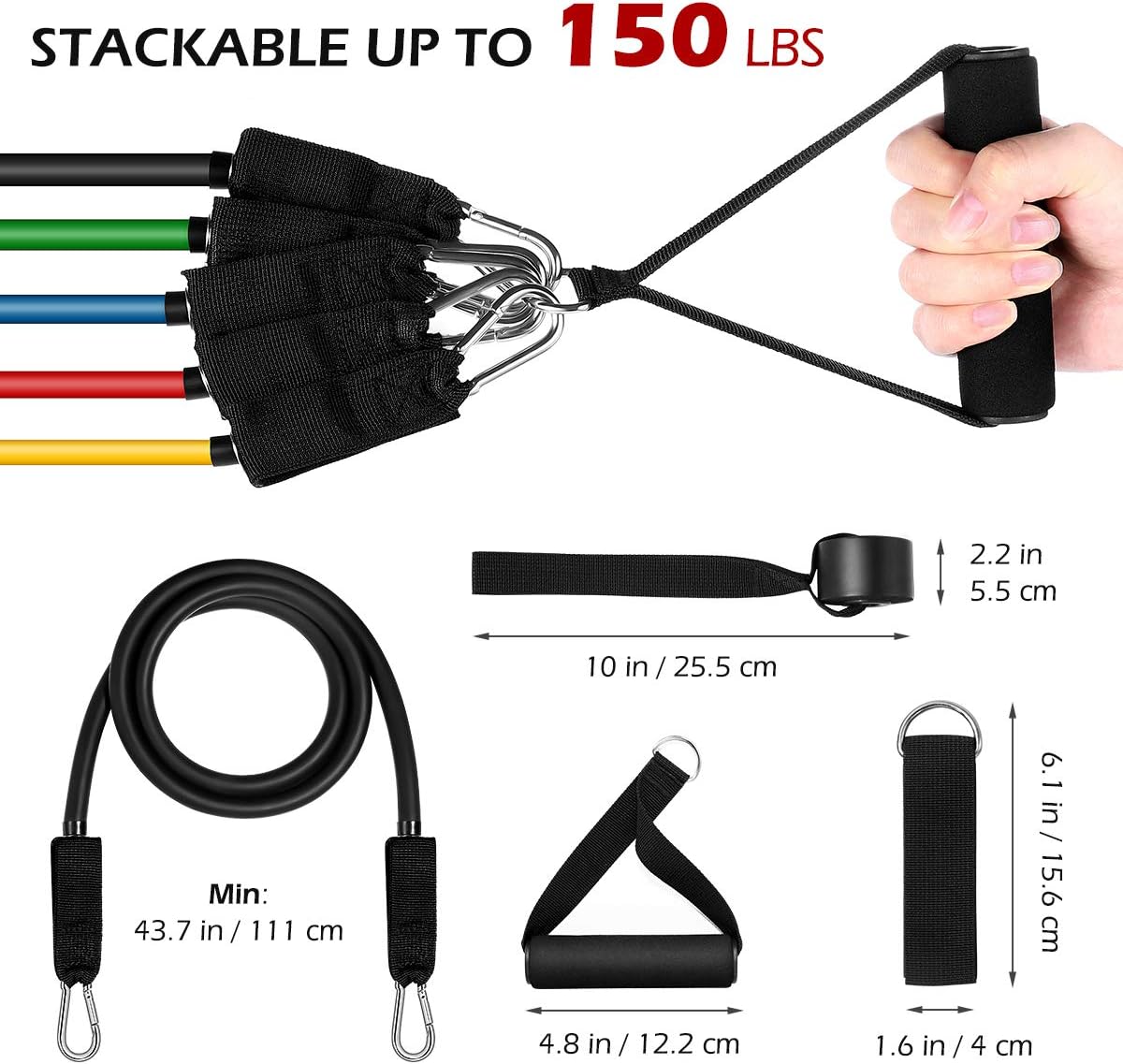 MOVTOTOP Resistance Bands Set, [2020 Newest] 5 Stackable Exercise Bands Up to 150 Lbs, 11 Pack Workout Resistance Bands with 2 Foam Handles Suit for Men Women Working Out : Sports & Outdoors