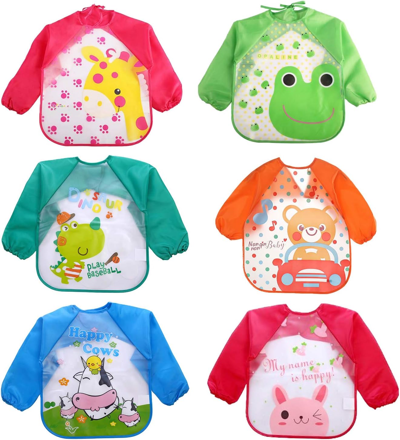 Beetest 6PCS Bib with Sleeves, Long Sleeve Bib Baby Bibs Painting Bibs Kids Assorted Styles Cute Cartoon Waterproof EVA Baby Feeding Clothing Infant Smock Apron with Long Sleeves for 1-5 Years Old