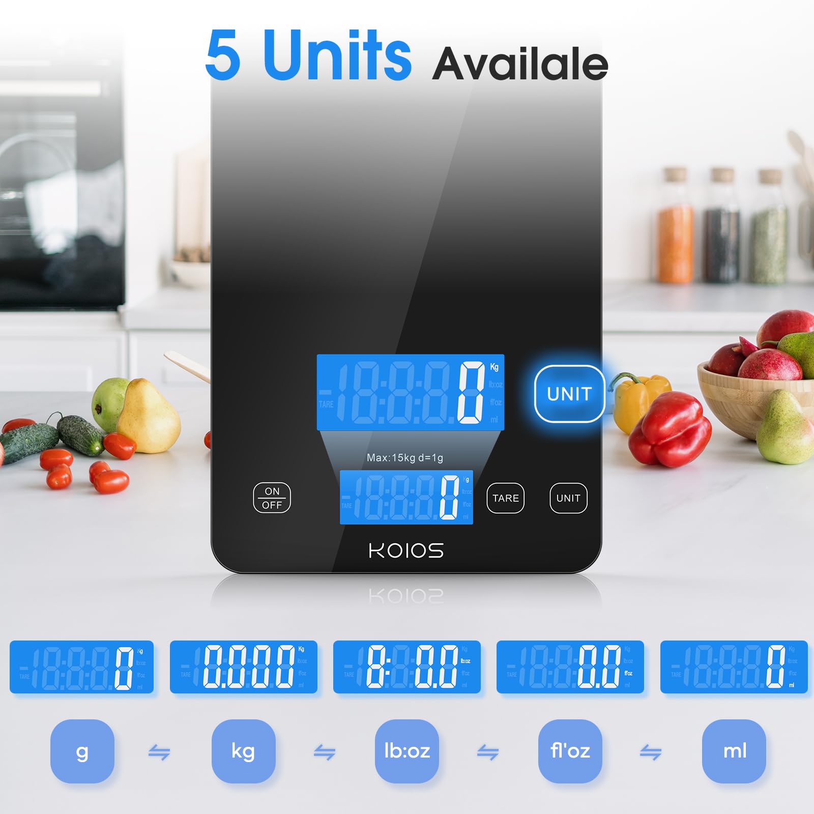 KOIOS Food Scale, 33lb/15kg Digital Kitchen Scale Weight in Grams and Ounces for Cooking Baking, 1g/0.1oz Precise Graduation, Batteries and Type-C Charging, Tare Function, LCD Display, Black